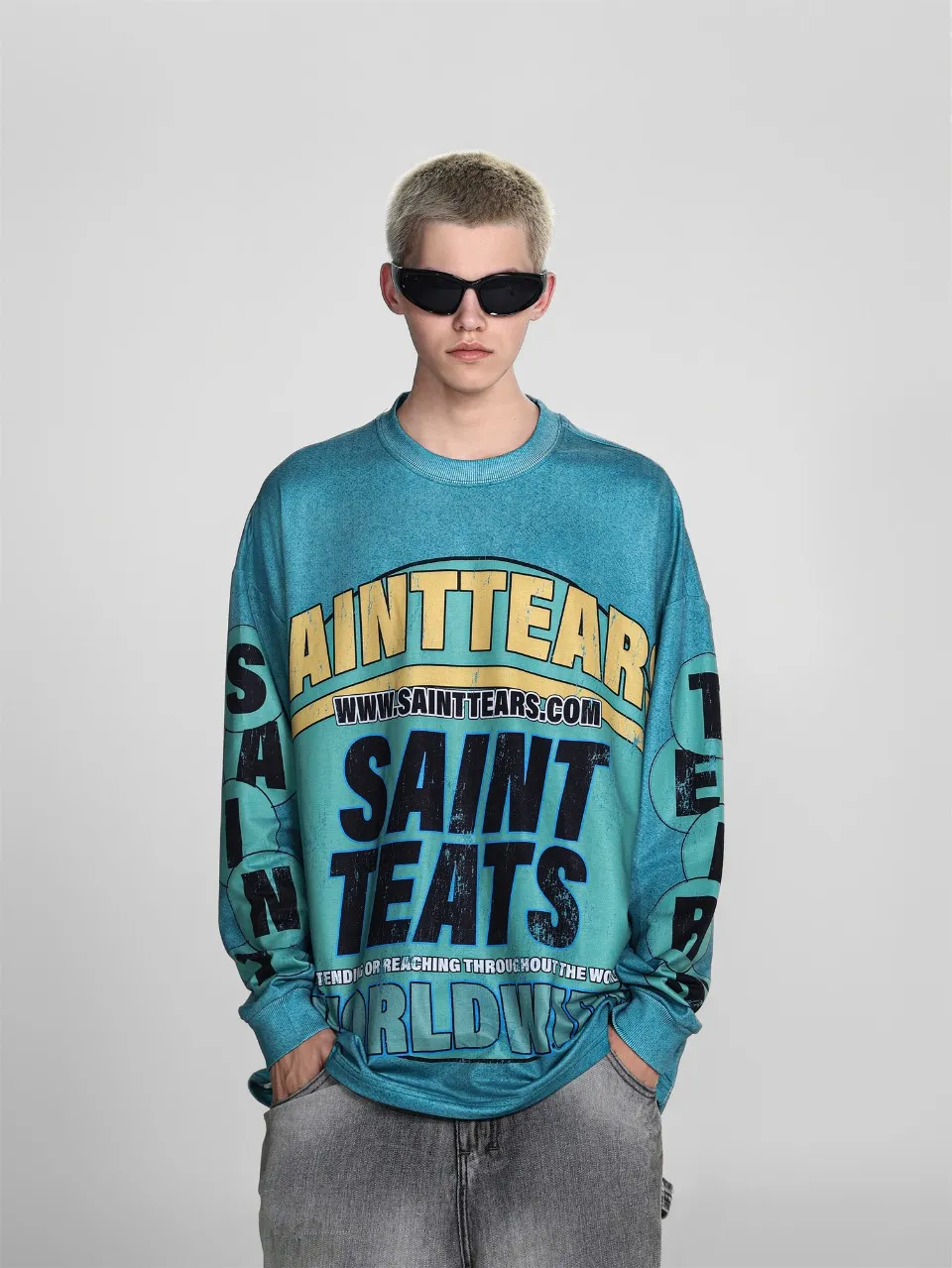 Saint michael tears all-over printed long-sleeved vintage autumn and winter T-shirt Style number: 101 Size: M L XL Wholesale price: 136 Color: floral gray green